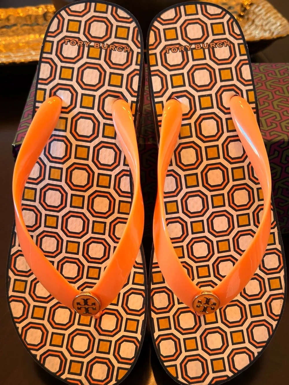 Tory Burch Orange Logo Flip Flop Sandals with Geometric Footbed